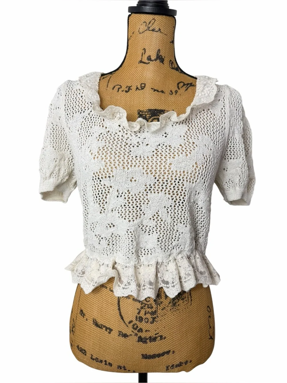 Zara Cream Open Knit Lace Ruffle Peplum Top Large Cottagecore Boho